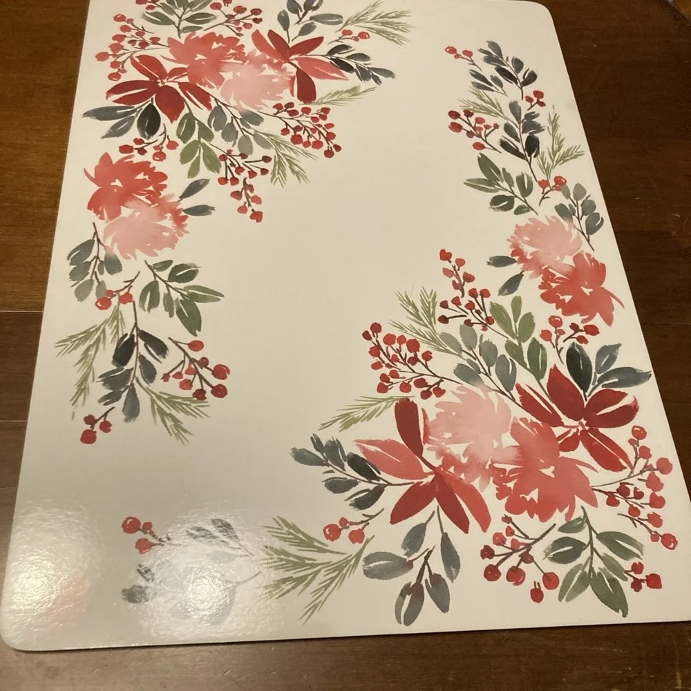 Set Of 4 KAF Holiday Holly Cork Backed Placemats Red Poinsettias Watercolor Look